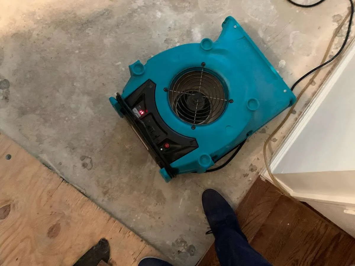 Air mover drying subfloor during Commercial Water Damage Restoration in Christiana